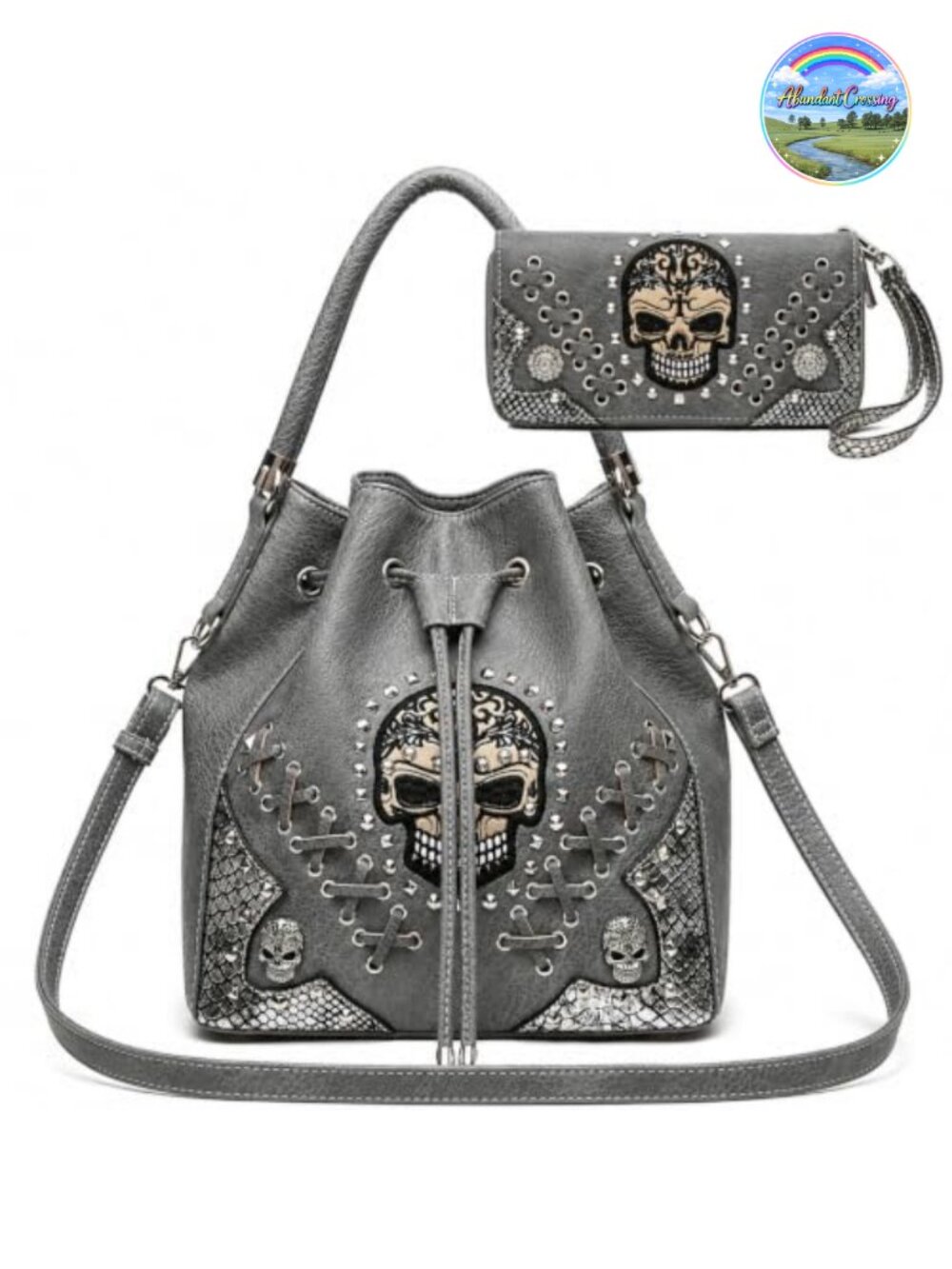 Skull Bucket Purse with Matching Wallet for Women Gothic Faux Leather Handbag